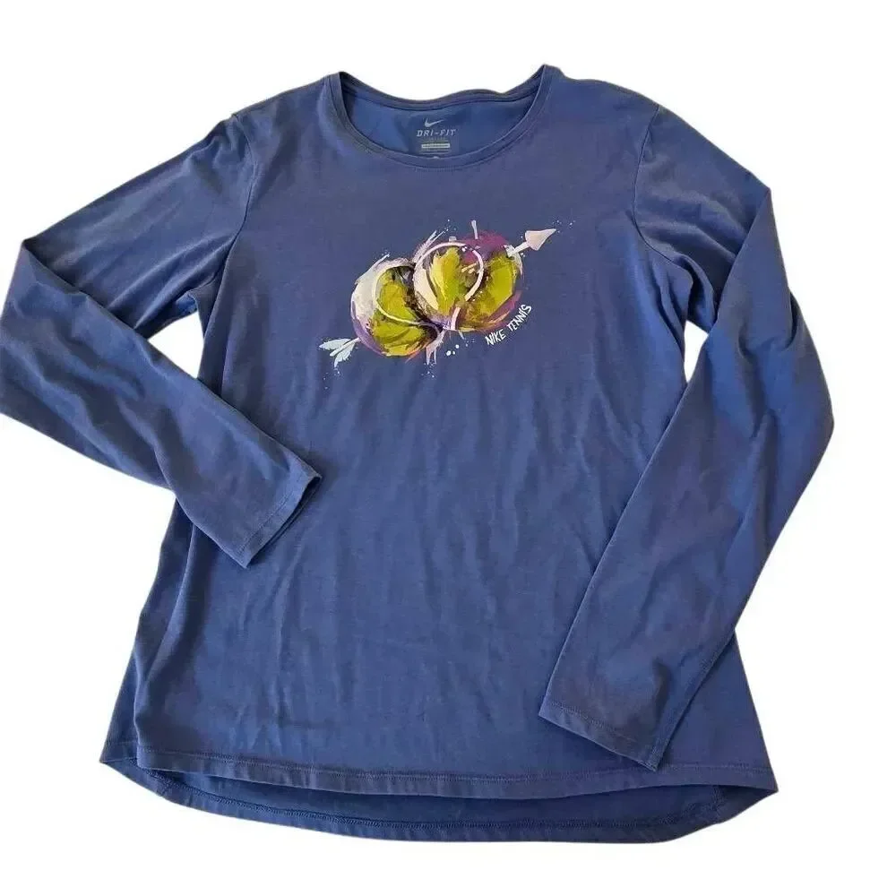 Nike Womens Dri Fit Long Sleeve Tennis Ball Graphic Tee Shirt Size Large